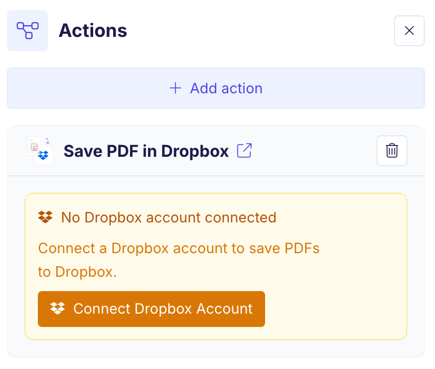 Save PDF in Dropbox action in the Actions panel with the message No Dropbox account connected and the Connect Dropbox Account button