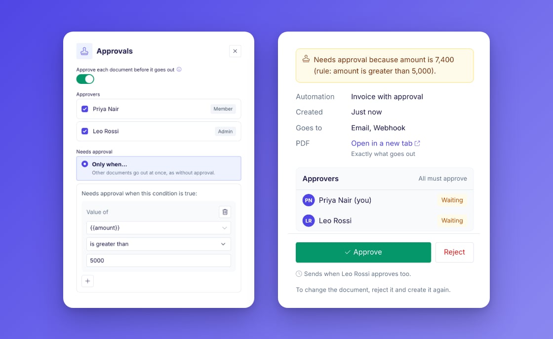 The Approvals card with two approvers and the rule amount is greater than 5000, next to the review page with the reason for the approval and the Approve and Reject buttons