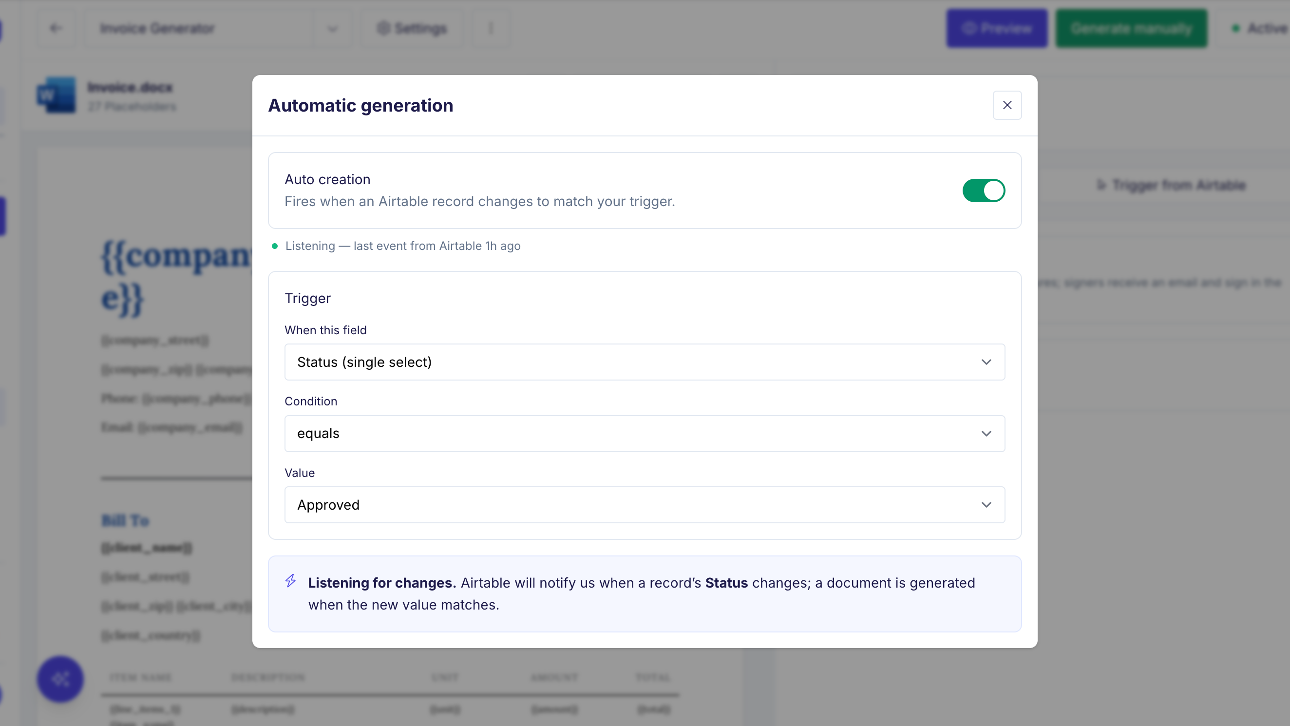 Auto Creation settings: a trigger on the Status field, condition equals, value Approved