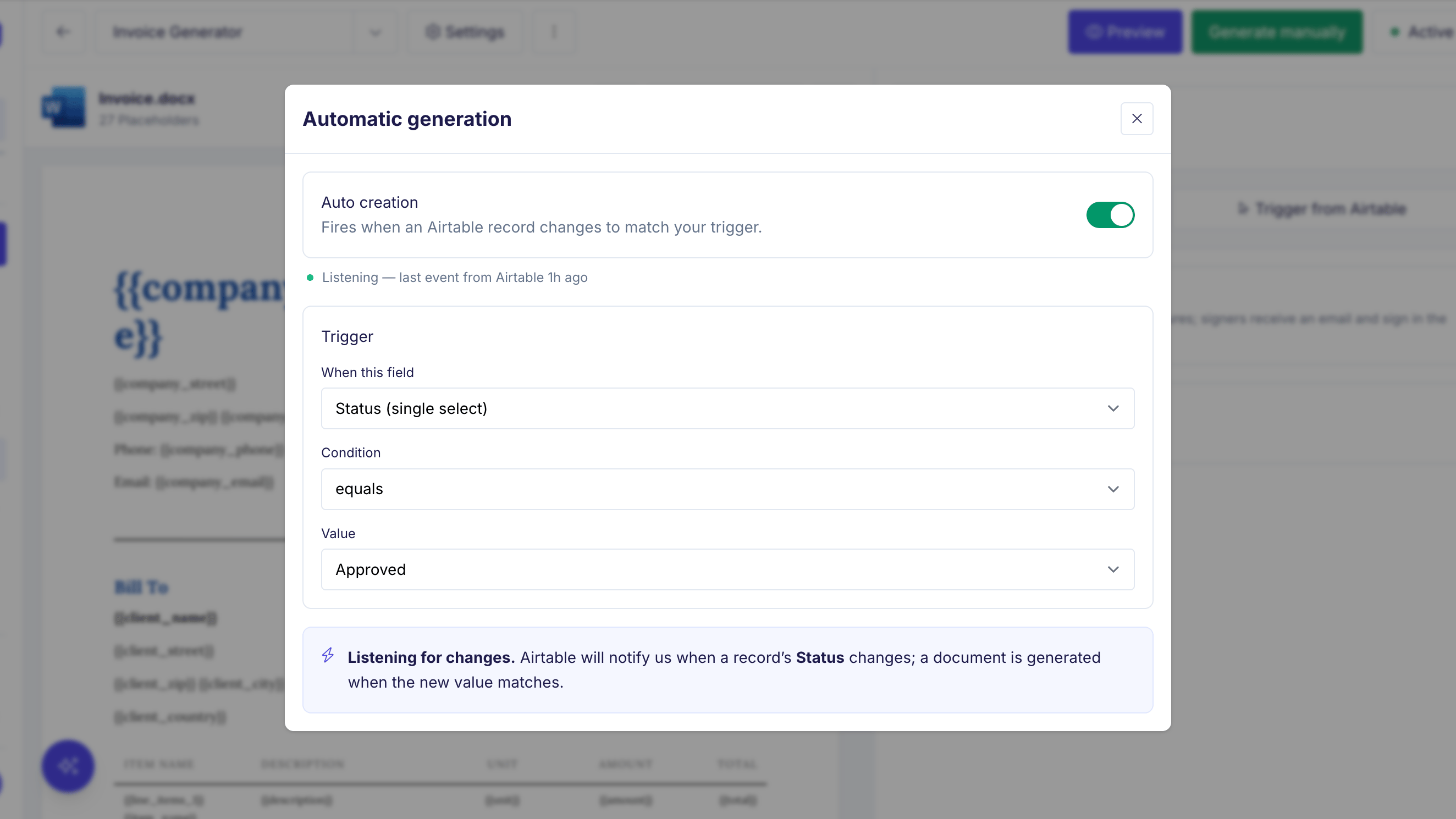 Auto Creation settings: a trigger on the Status field, condition equals, value Approved
