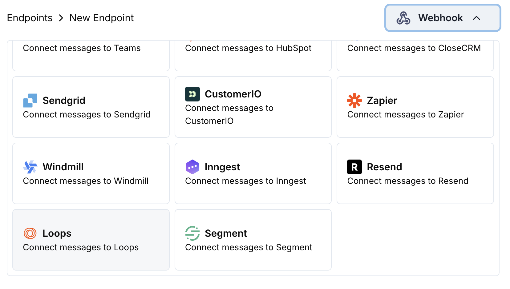 Add Endpoint and integrations dropdown