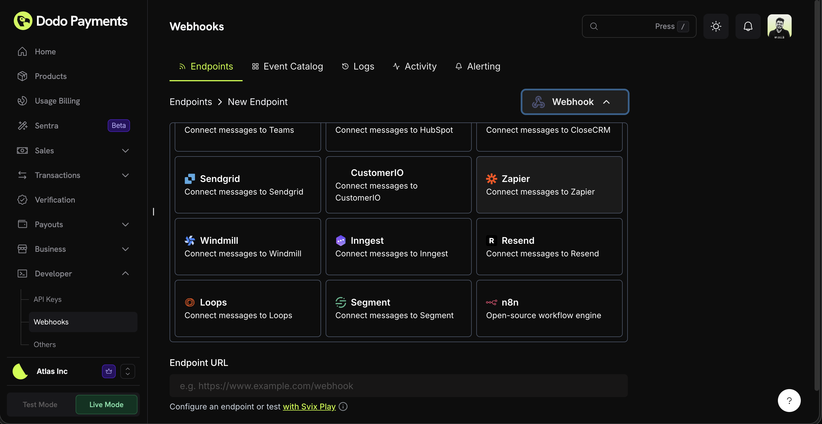 Add Endpoint and integrations dropdown