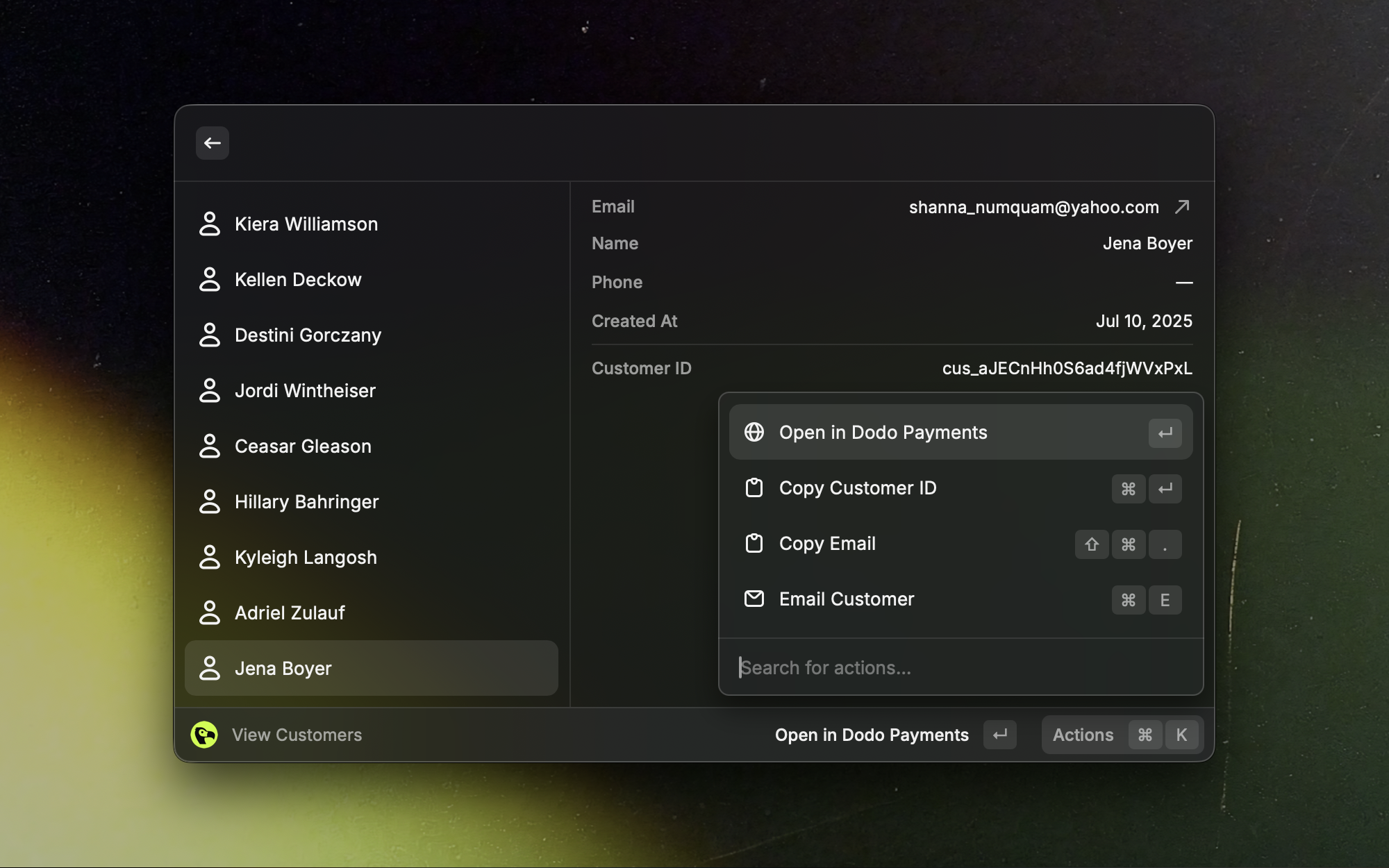 Customers list view in the Raycast extension