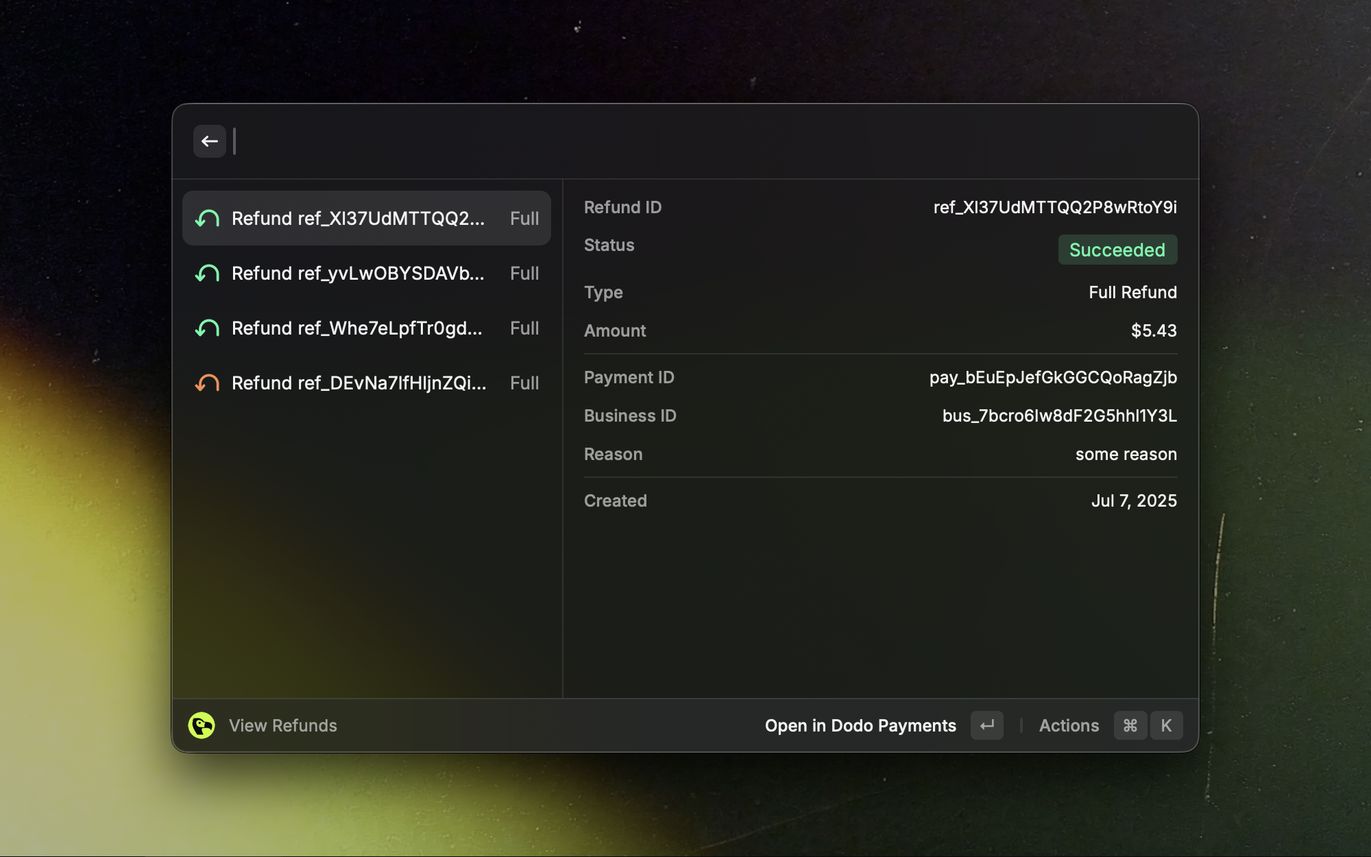Refunds list view in the Raycast extension