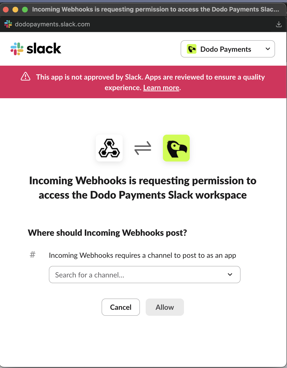 Slack OAuth permissions screen for Incoming Webhooks app