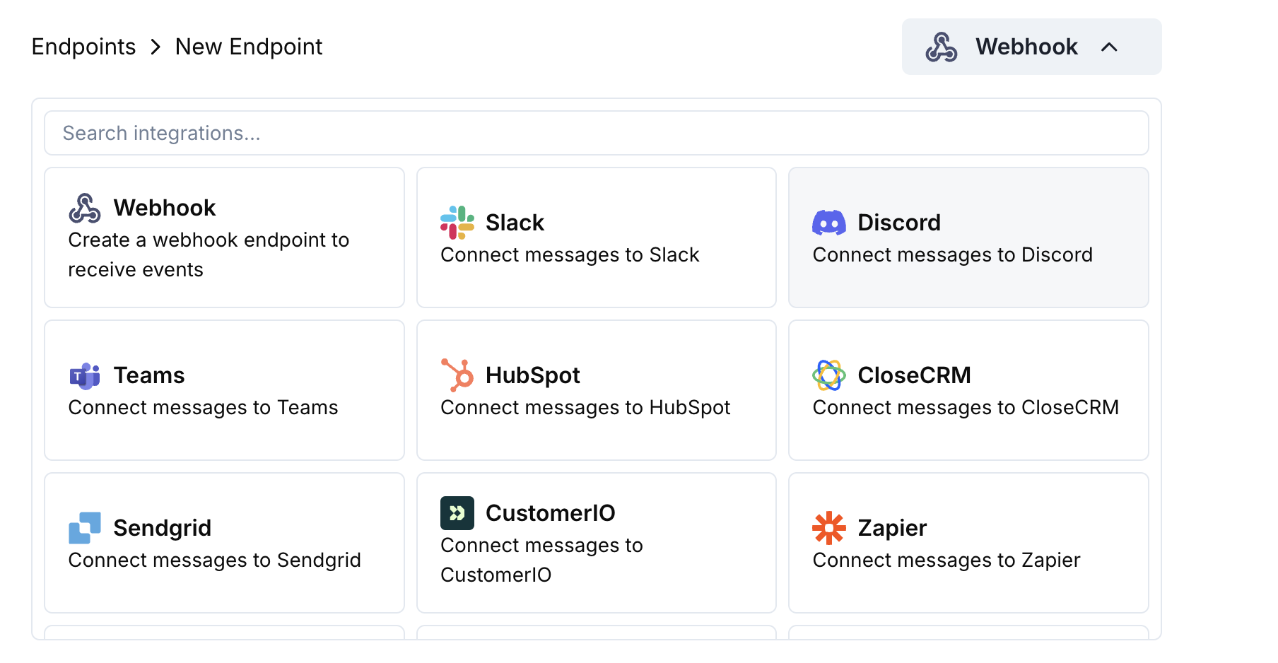 Add Endpoint and integrations dropdown