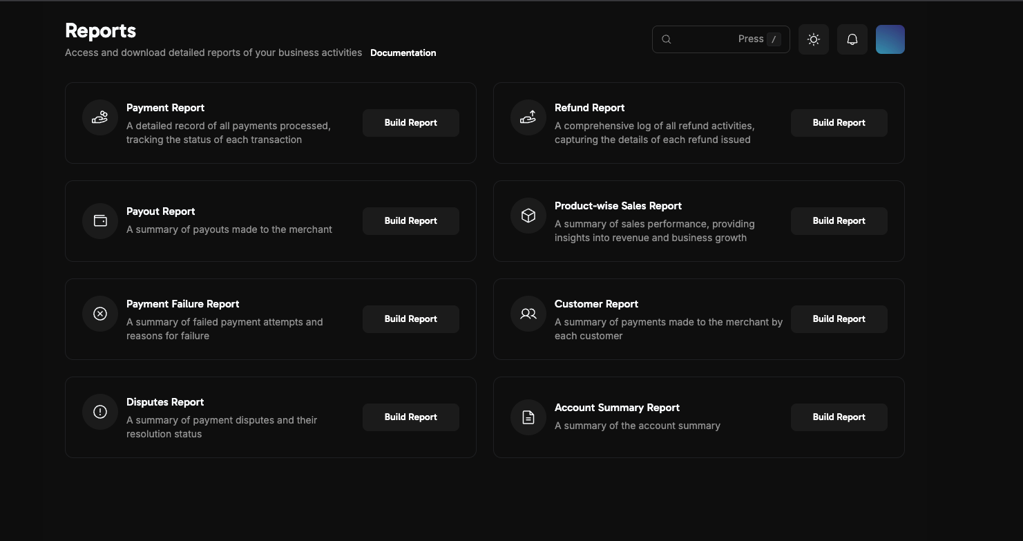 Reports 2.0 dashboard showing various report types