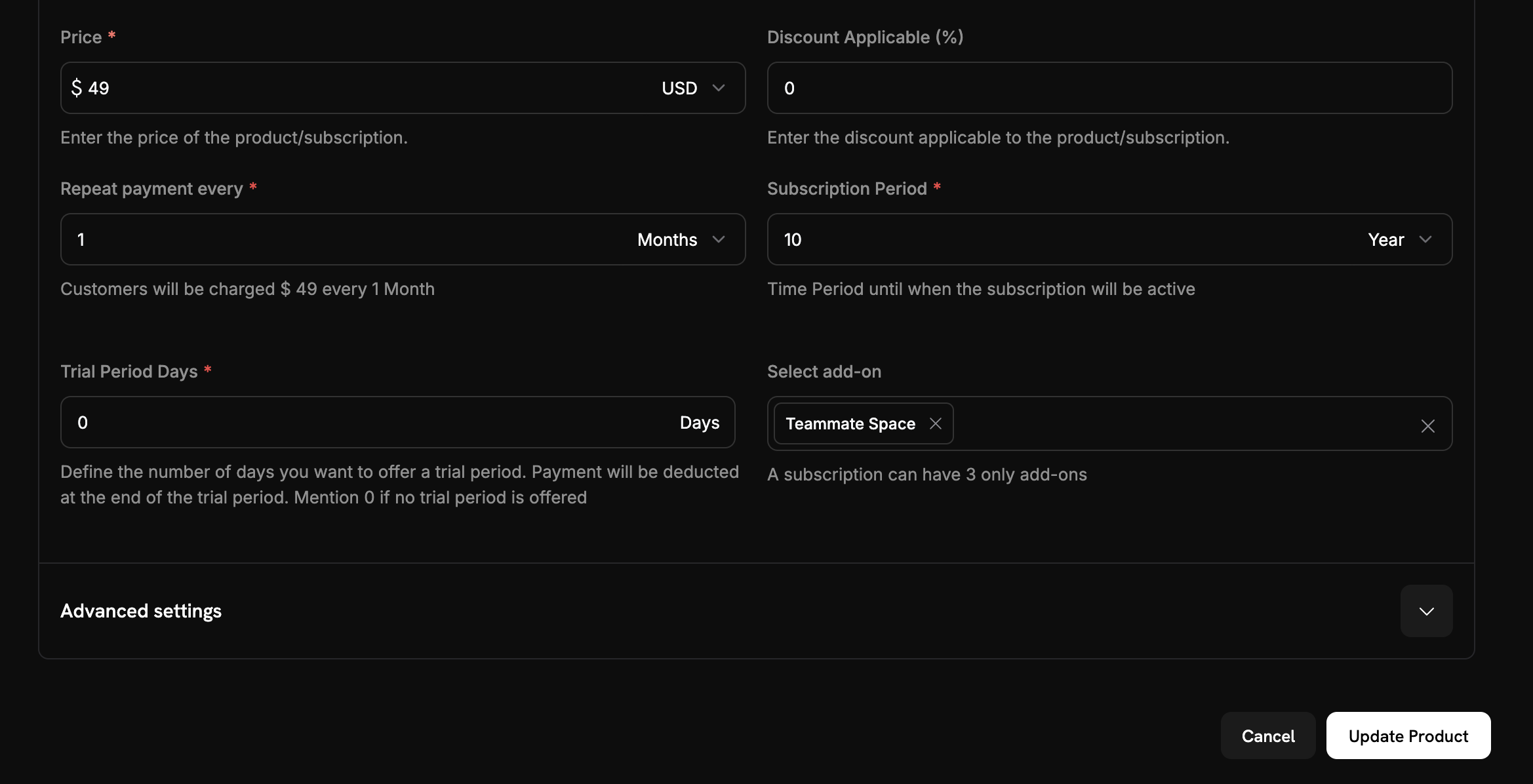 Add-ons attached to subscription products in the dashboard