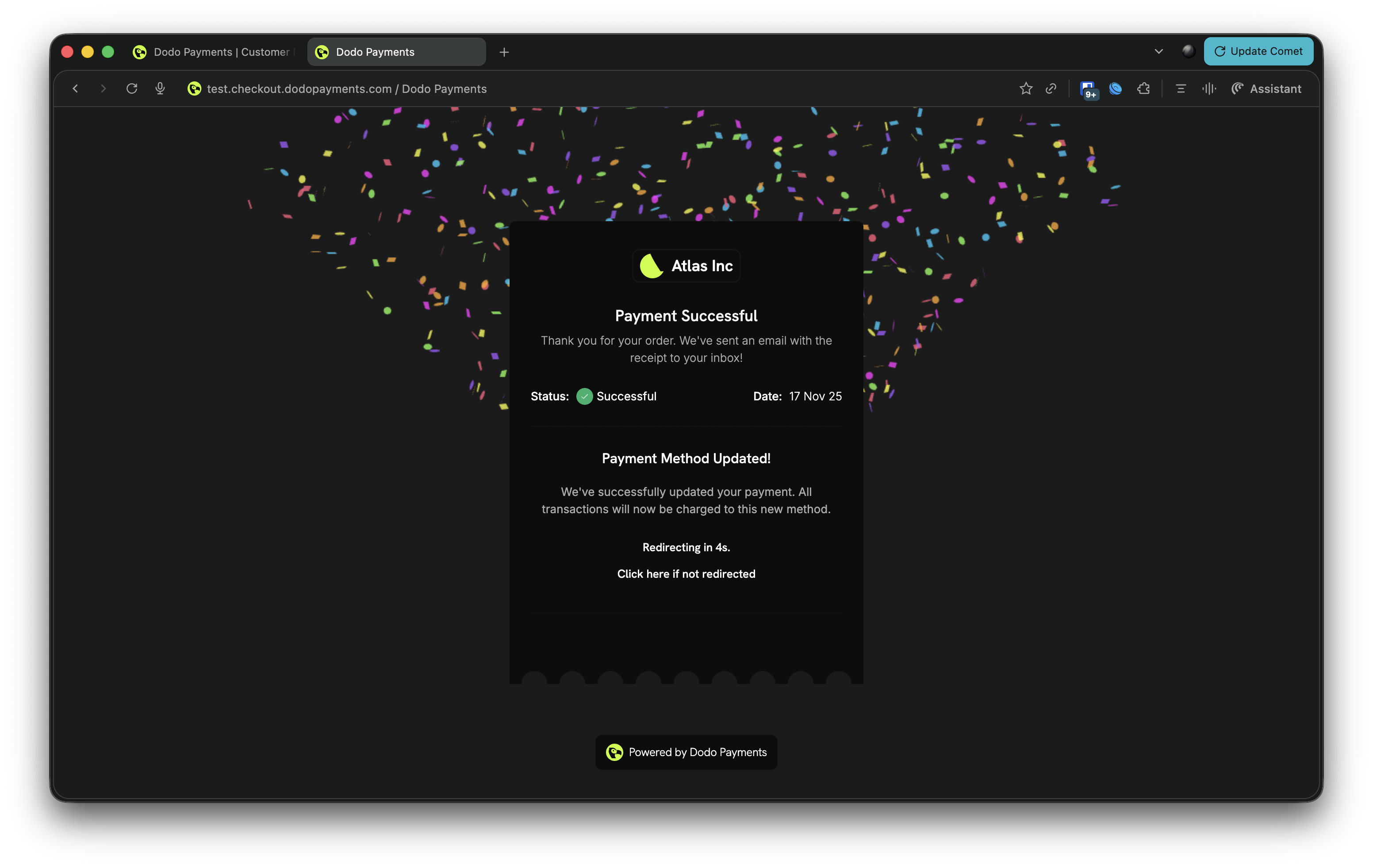 Payment successful page confirming payment method update and subscription reactivation