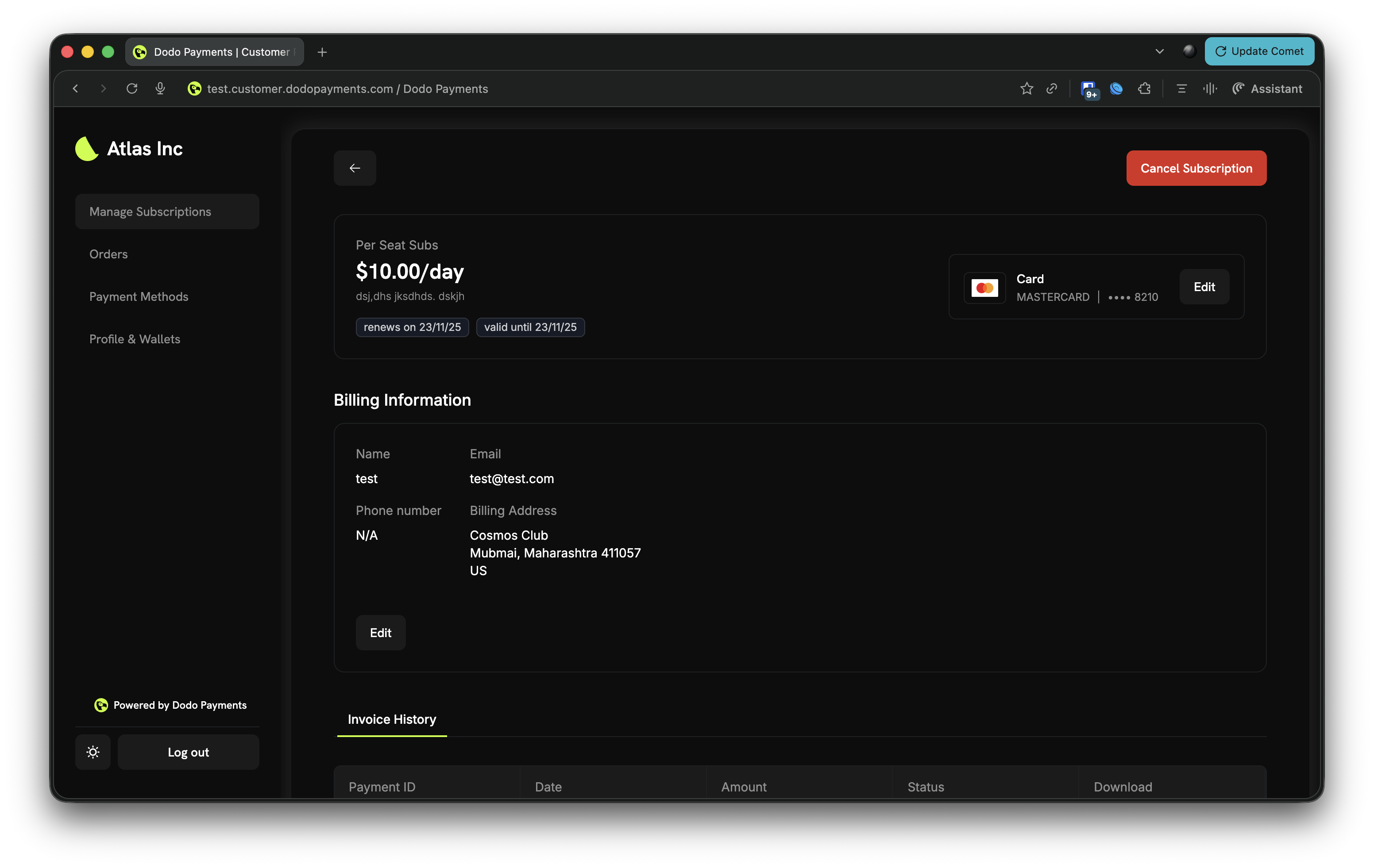 Subscription details page showing current payment method with edit option