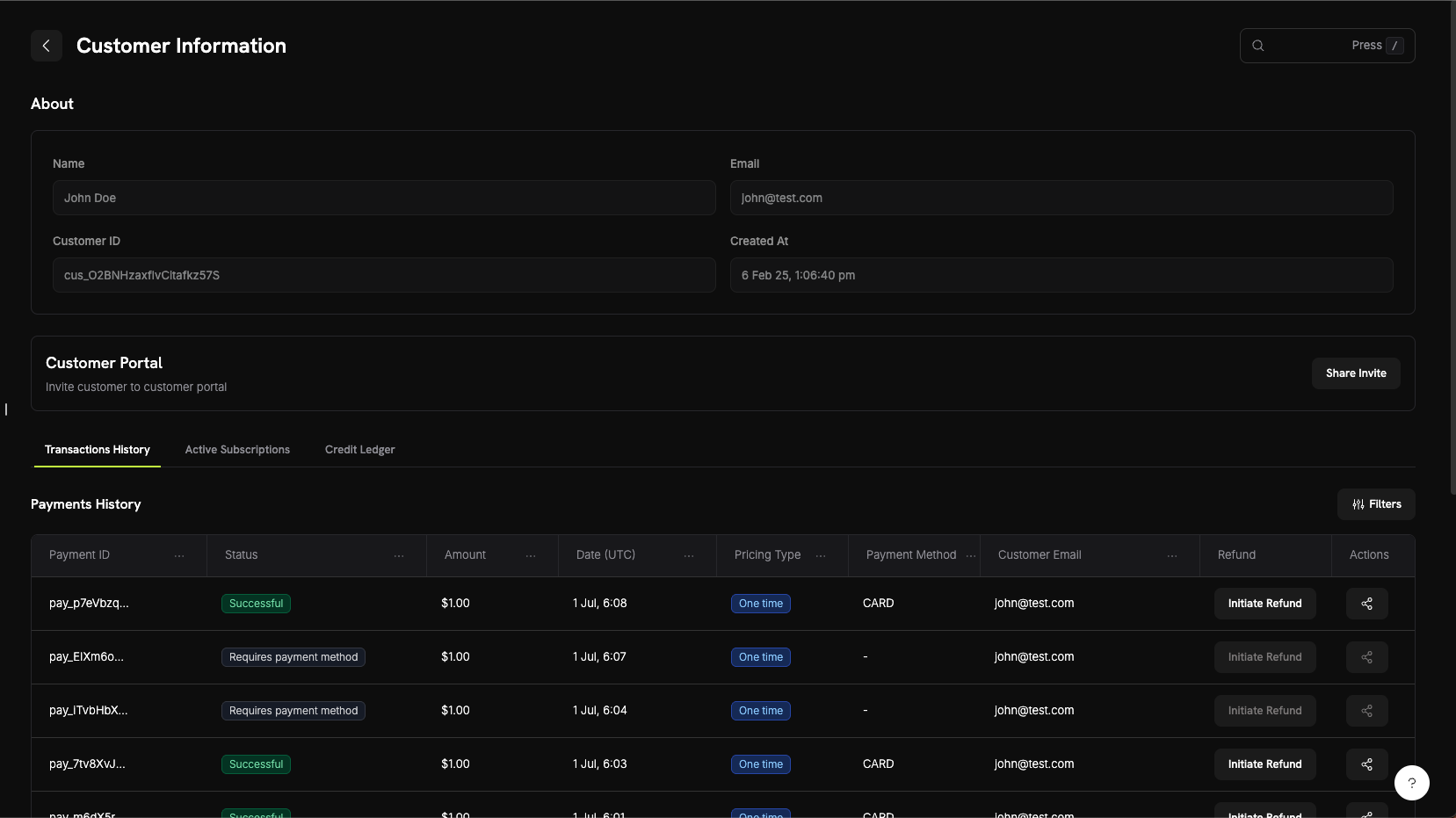 Customer details page showing customer information and transaction history
