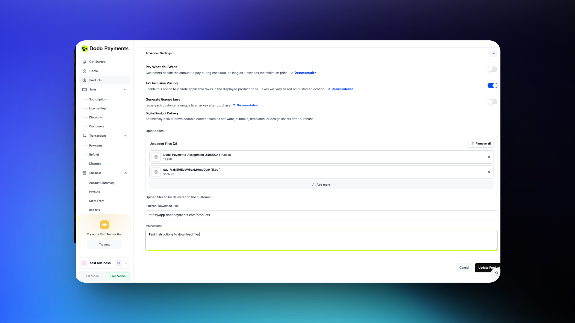 Digital product delivery configuration interface showing file upload and external link options