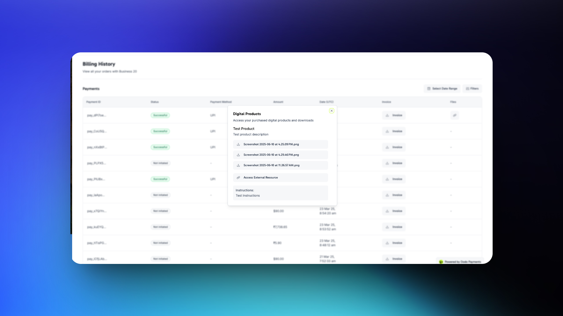 Customer portal interface showing available digital products for download