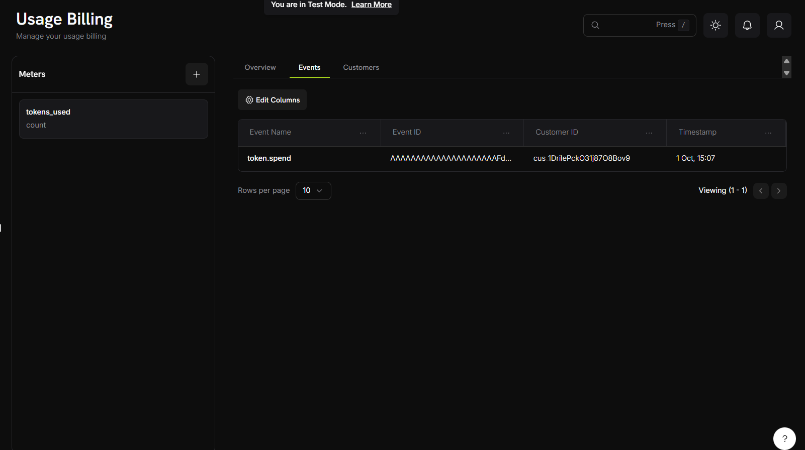 Events table showing event names, IDs, and pagination controls for detailed event analysis