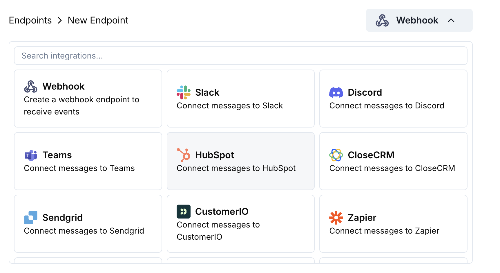 Add Endpoint and integrations dropdown