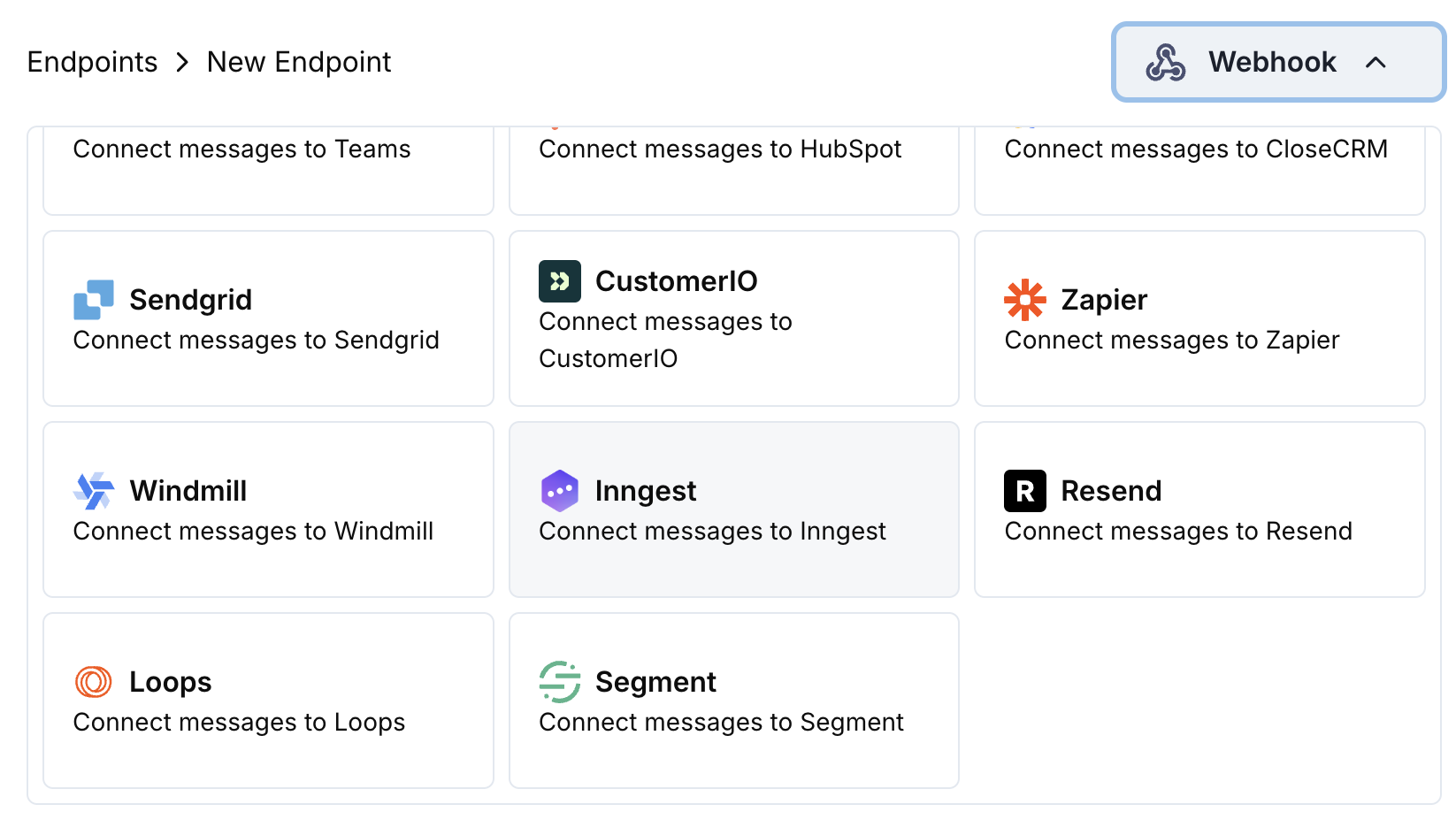 Add Endpoint and integrations dropdown