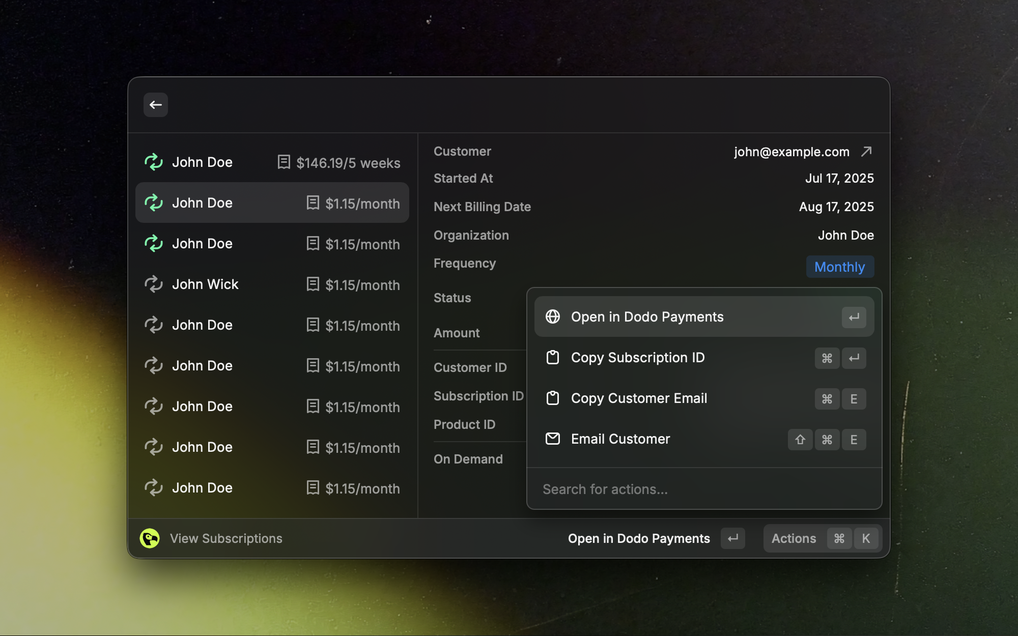 Subscriptions list view in the Raycast extension