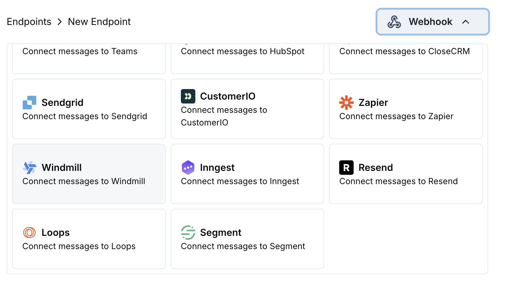 Add Endpoint and integrations dropdown