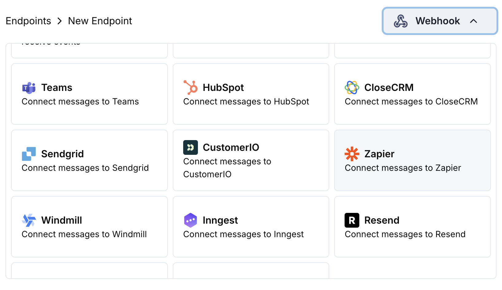 Add Endpoint and integrations dropdown