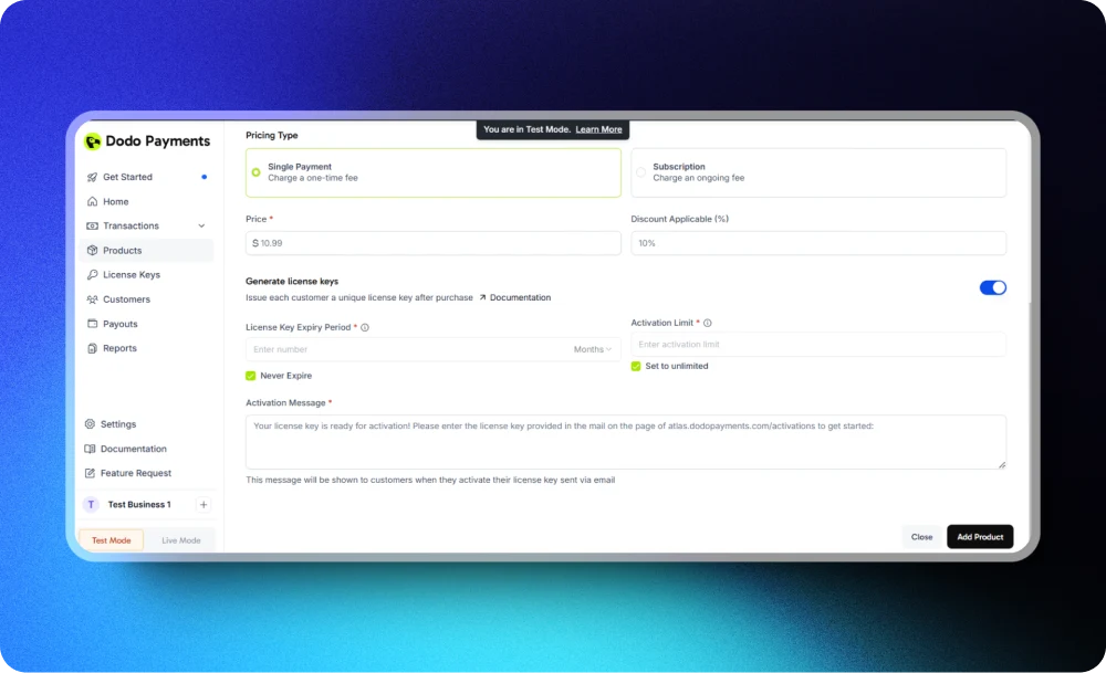 Creating a license key in Dodo Payments dashboard
