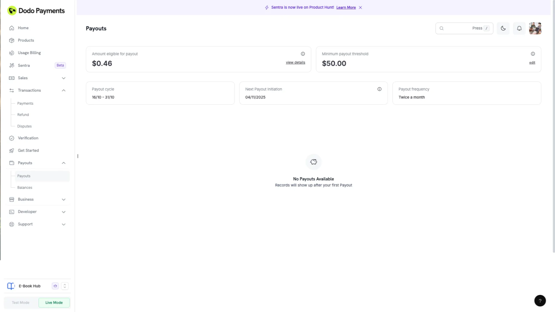 Payouts section showing balance eligible for payout