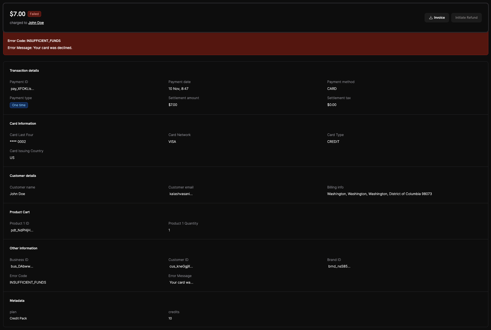 Payment details page showing a failed payment with red error banner, decline error code and message