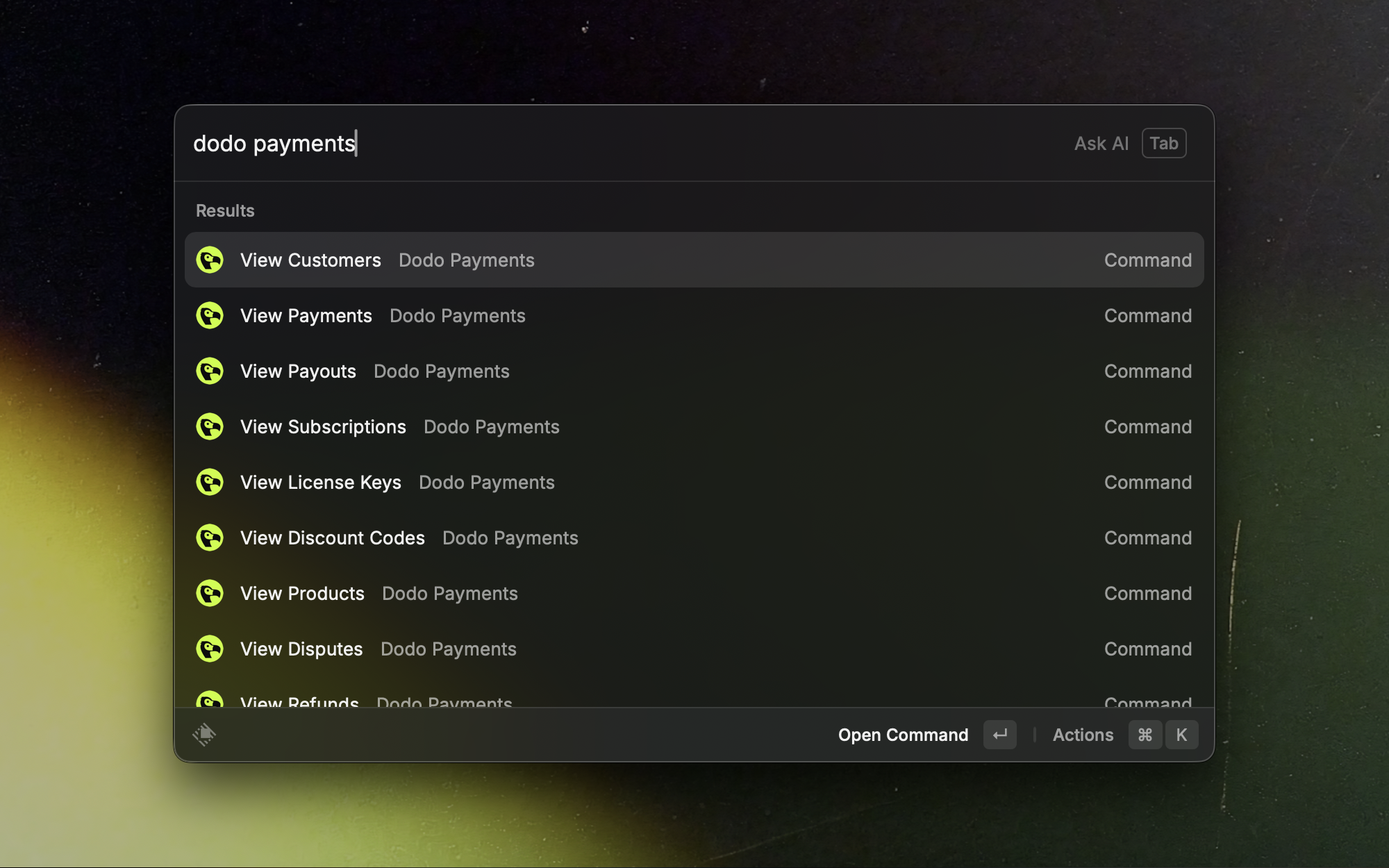 Raycast extension home showing Dodo Payments commands
