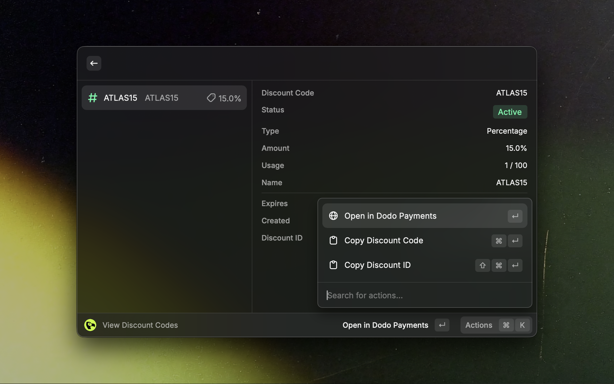 Discount codes list view in the Raycast extension