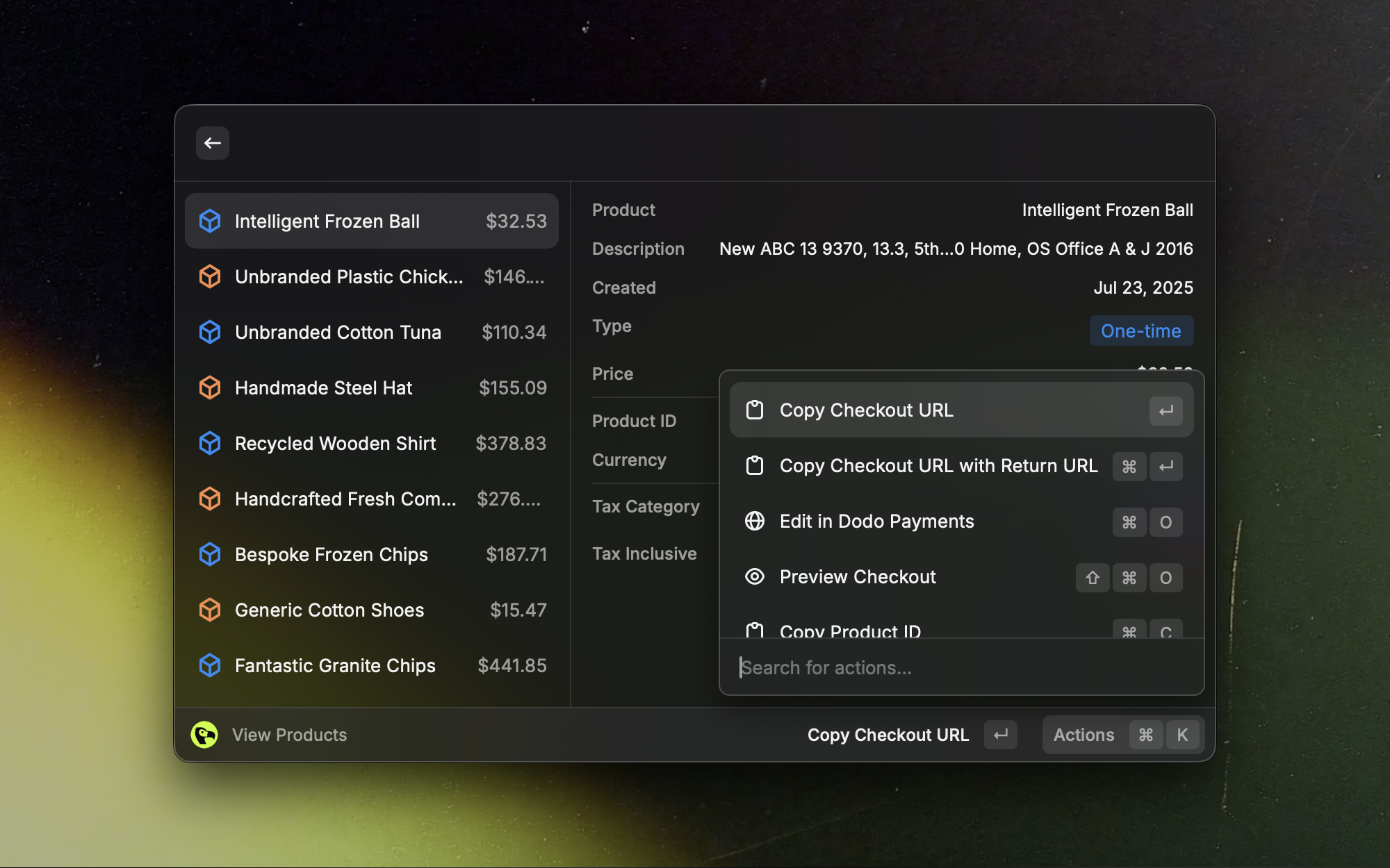 Products list view in the Raycast extension