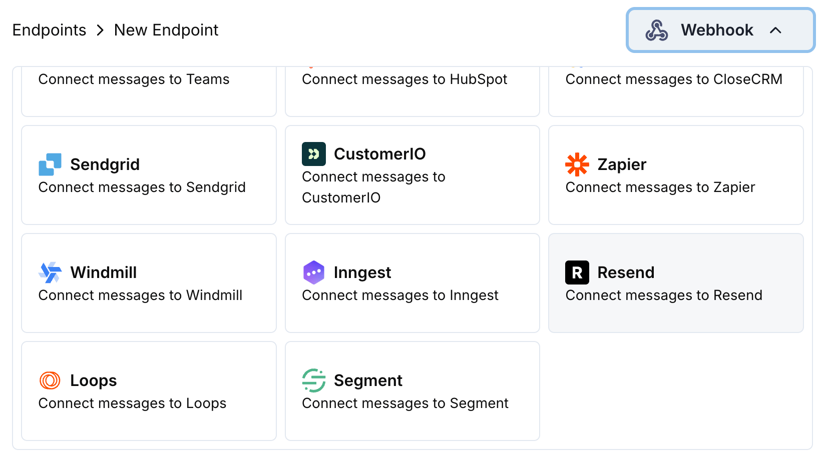 Add Endpoint and integrations dropdown
