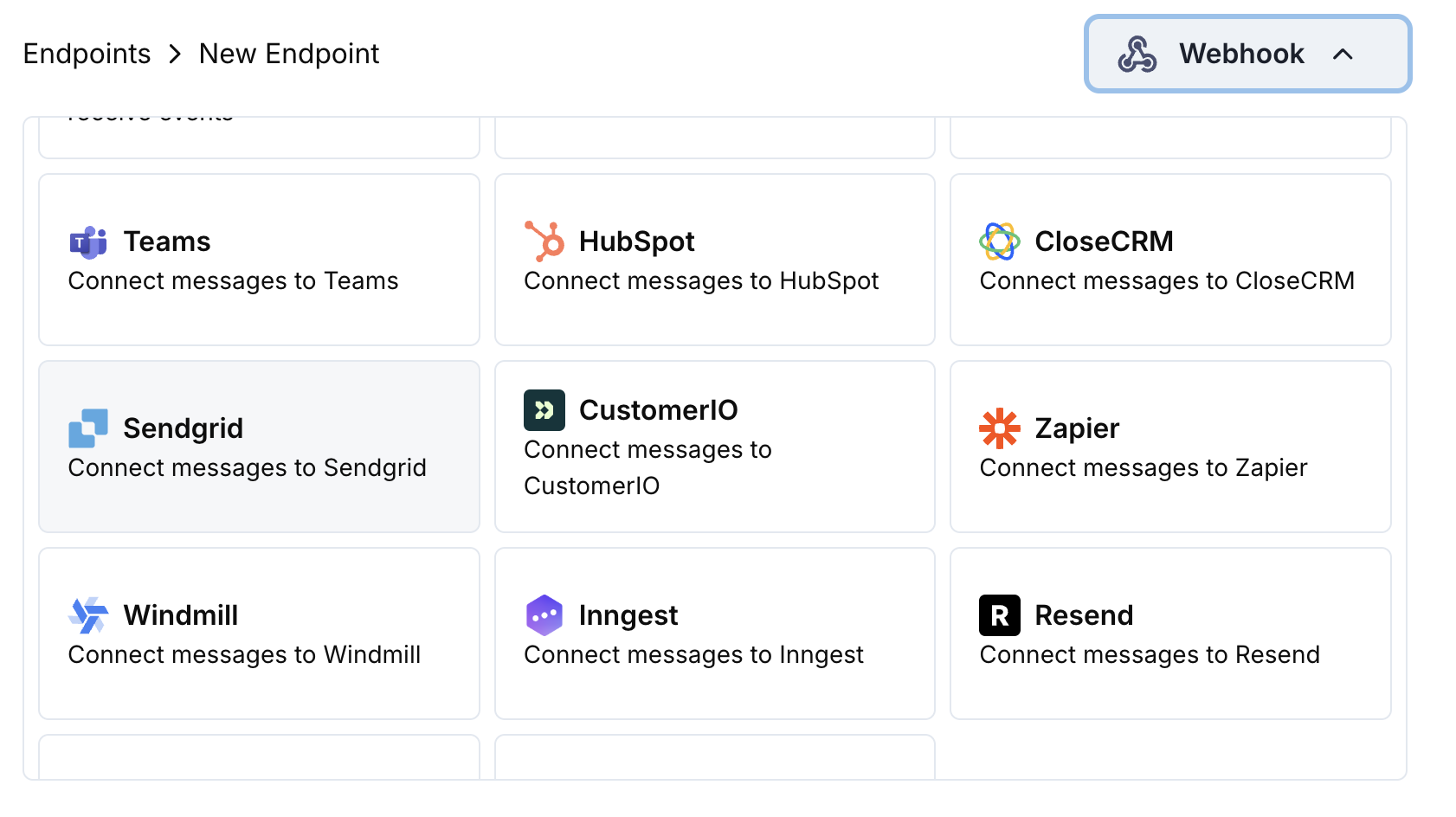 Add Endpoint and integrations dropdown