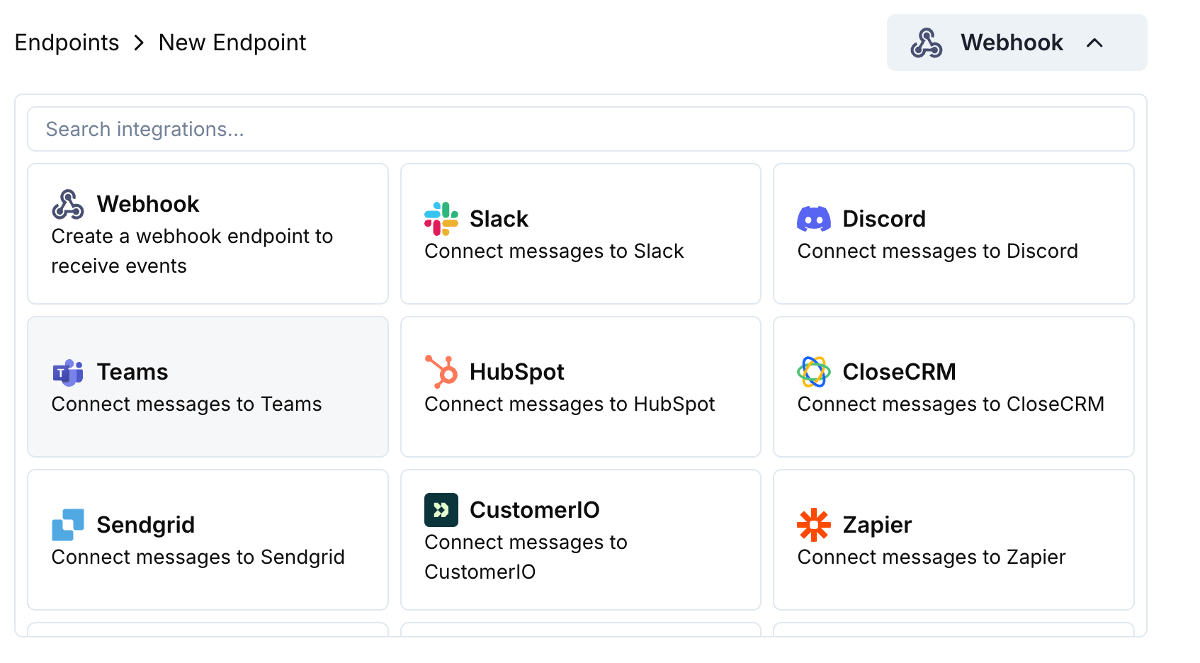 Add Endpoint and integrations dropdown