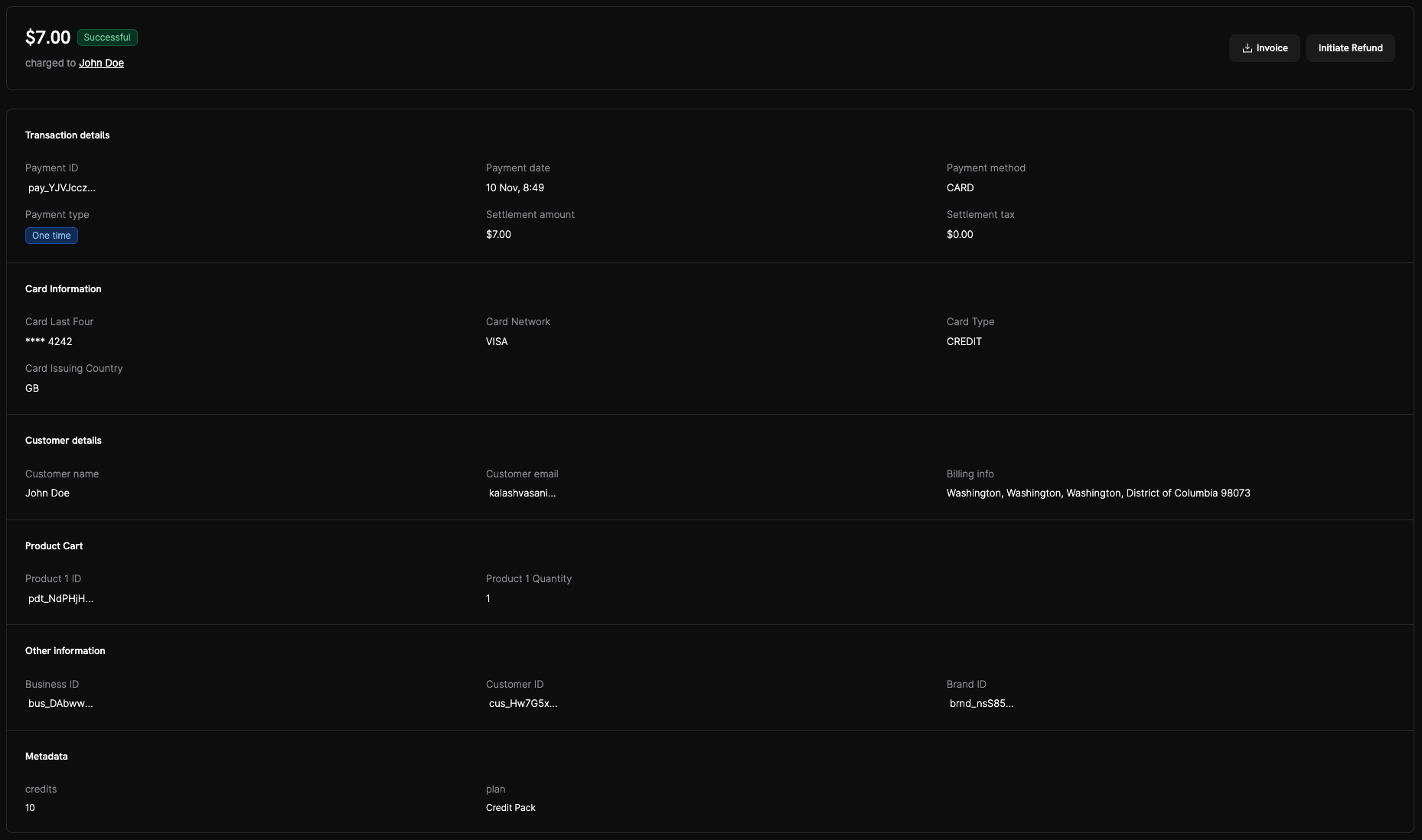 Payment details page showing a successful payment with green status and transaction breakdown
