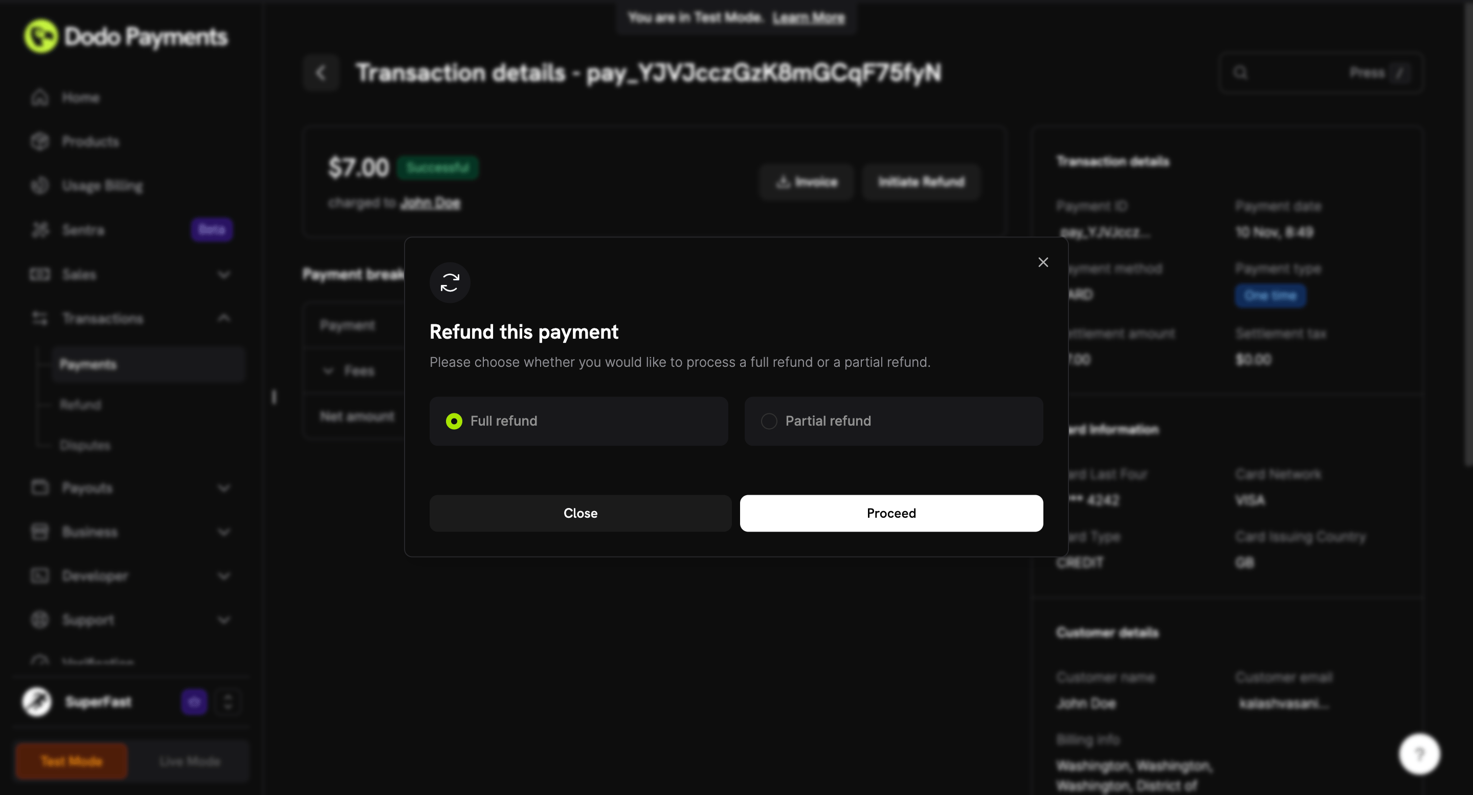 Initiate refund button on the payment details page
