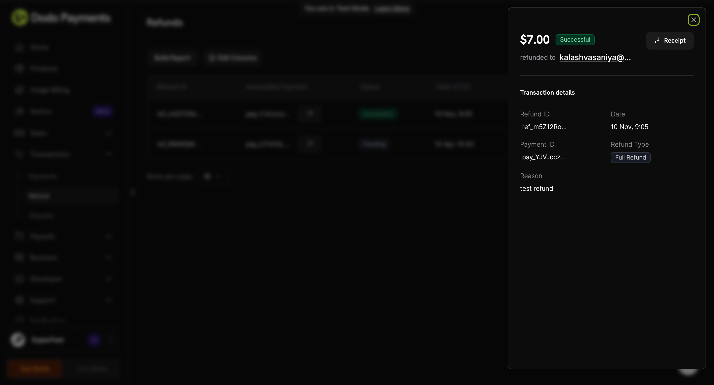 Refunds page showing a list of refund transactions