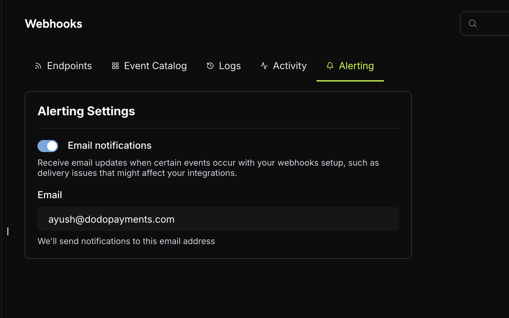 Webhook Alerting Settings showing email notifications configuration