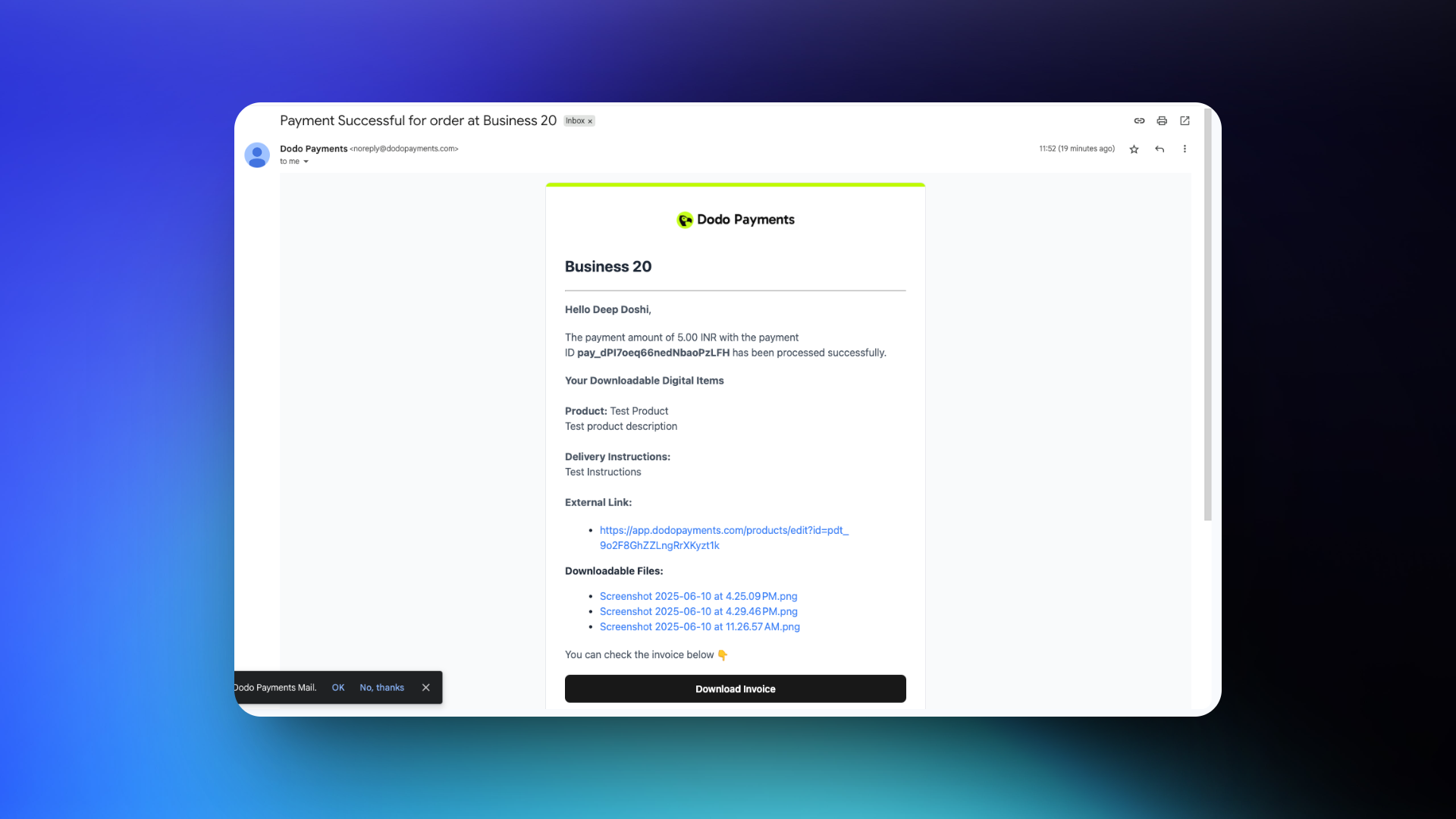 Purchase confirmation email showing download links for digital products