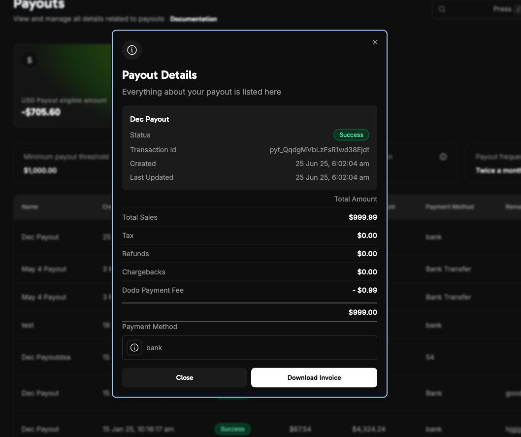 Payout Report dashboard showing detailed payout information
