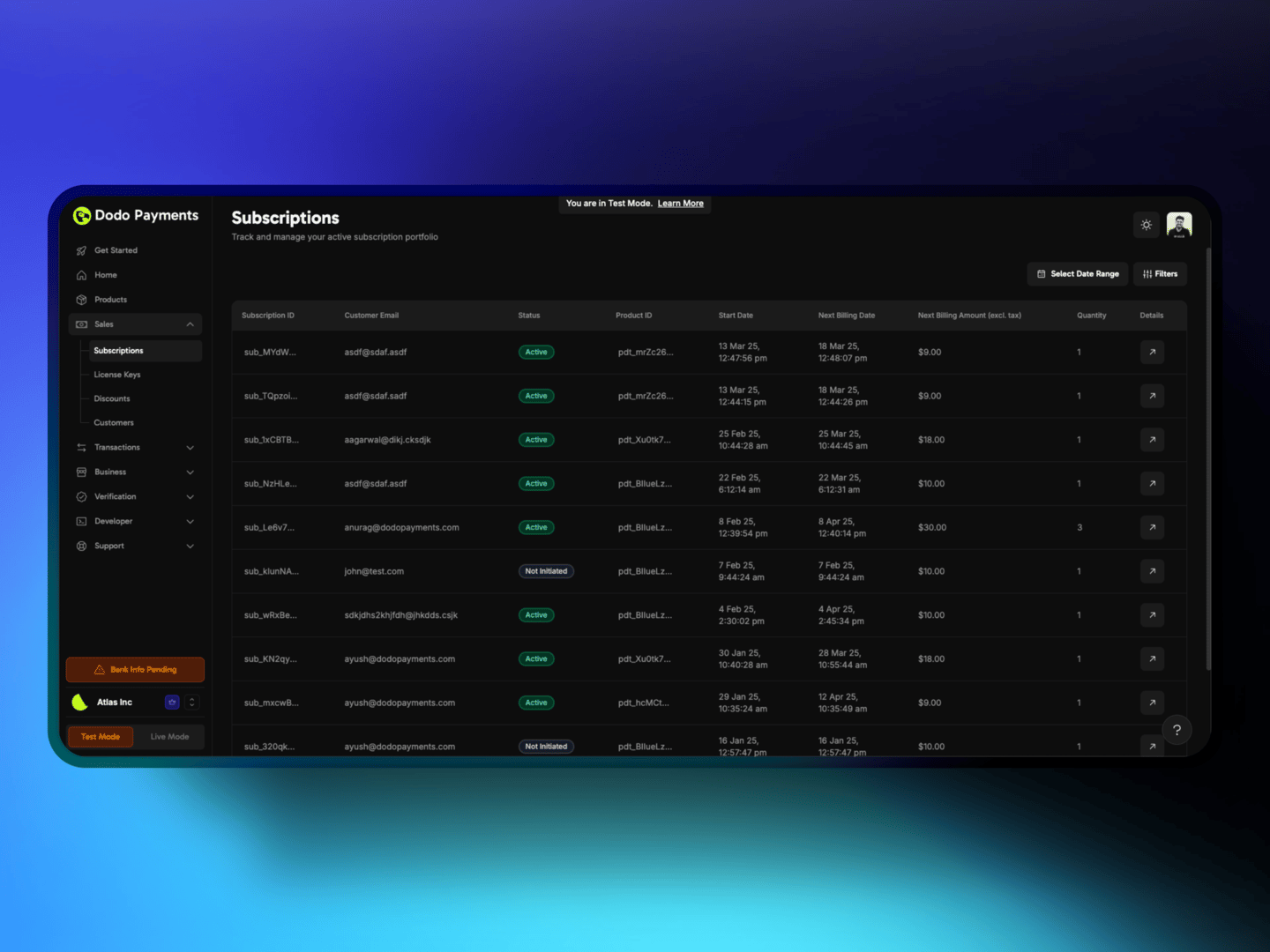 Subscriptions Page