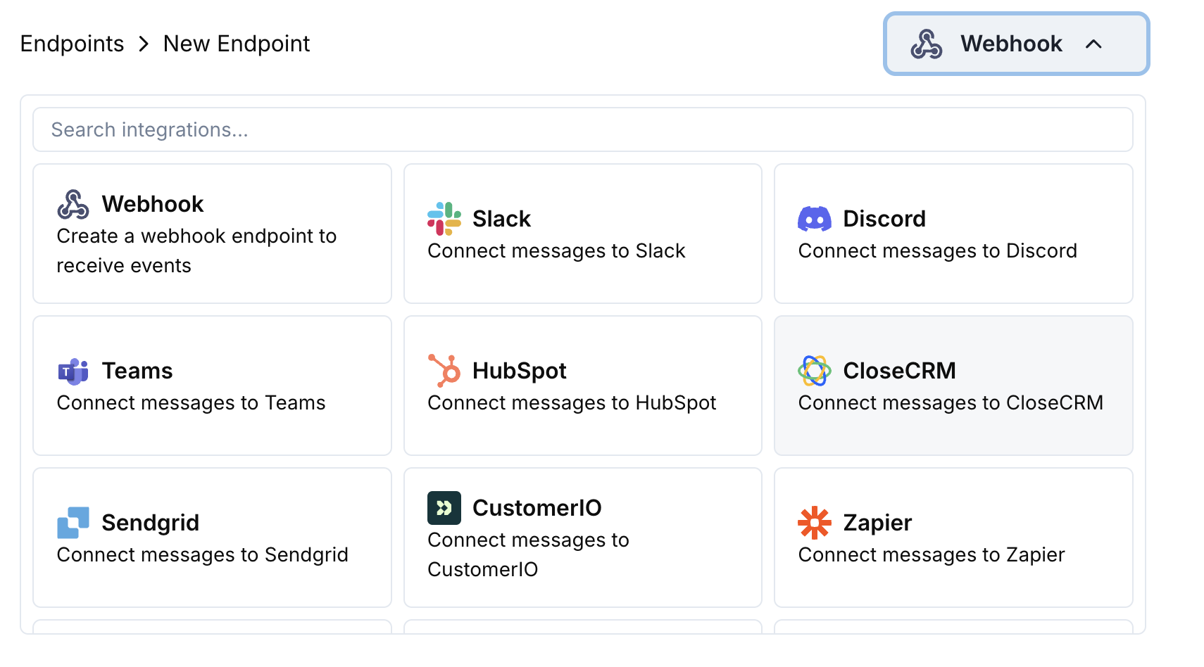 Add Endpoint and integrations dropdown