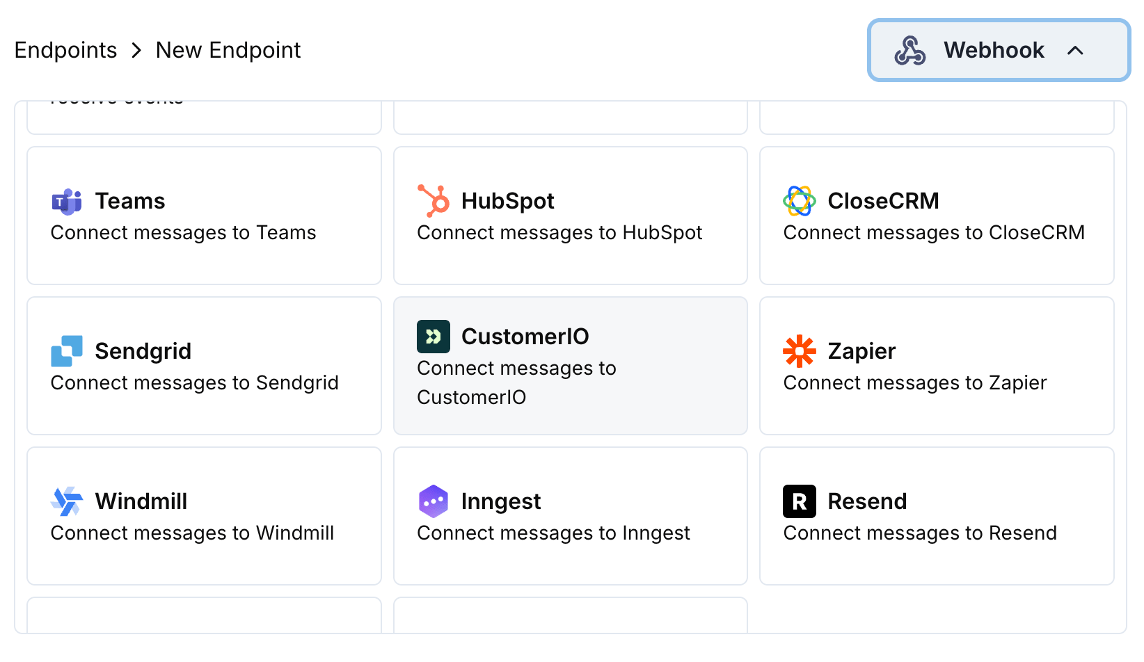 Add Endpoint and integrations dropdown