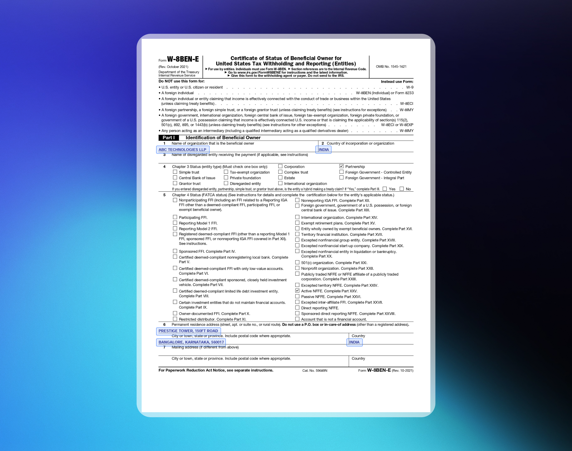 W-8 BEN-E LLP Sample Page 1