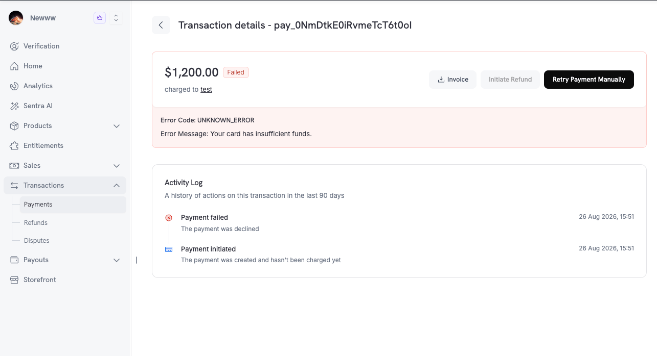 Transaction details page for a failed payment showing the error code and message, an Activity Log, and a Retry Payment Manually button