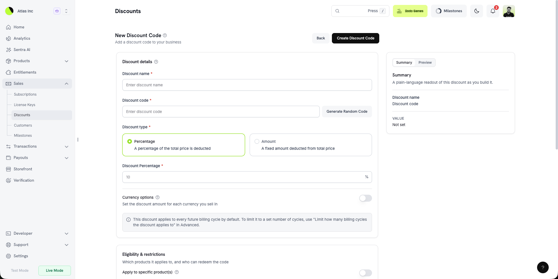 Discount code form with the Summary and Preview side panel alongside the discount details