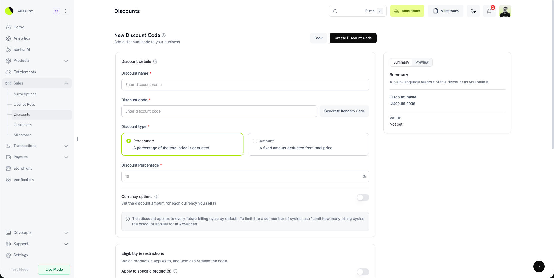 Discount code form with the Summary and Preview side panel alongside the discount details