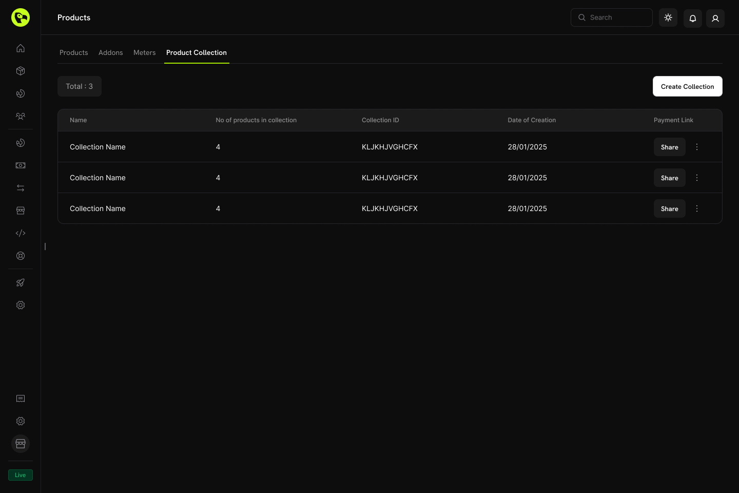 Screenshot of the Product Collection dashboard showing the collection management operations