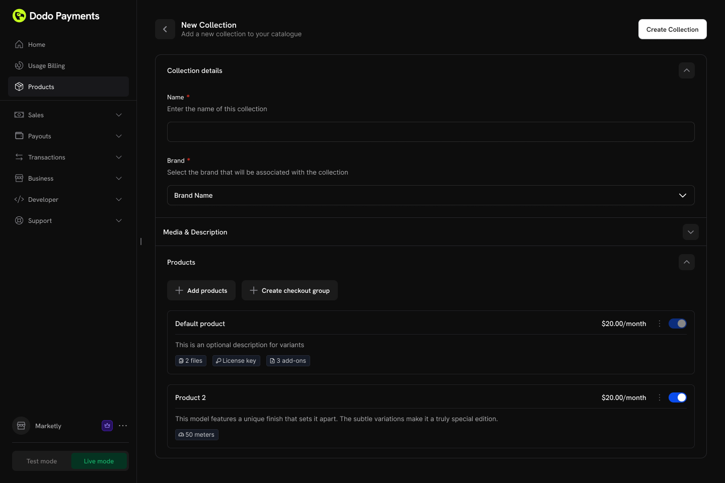 Screenshot of the Product Collection products page showing a list of products and the ability to add them to the collection
