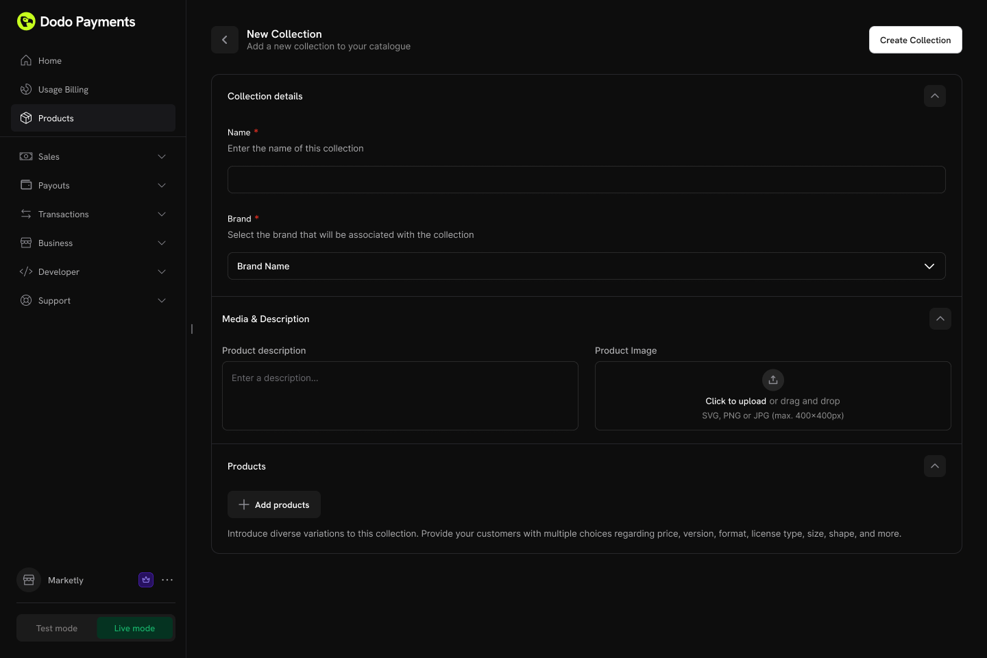Screenshot of the Product Collection creation form in the dashboard showing fields for name, description, and image upload