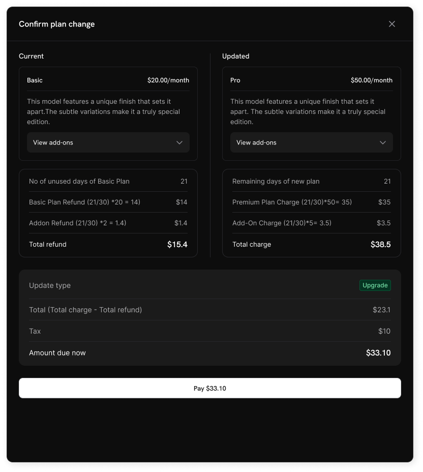 Screenshot of the Product Collection customer portal plan change interface showing the plan management actions