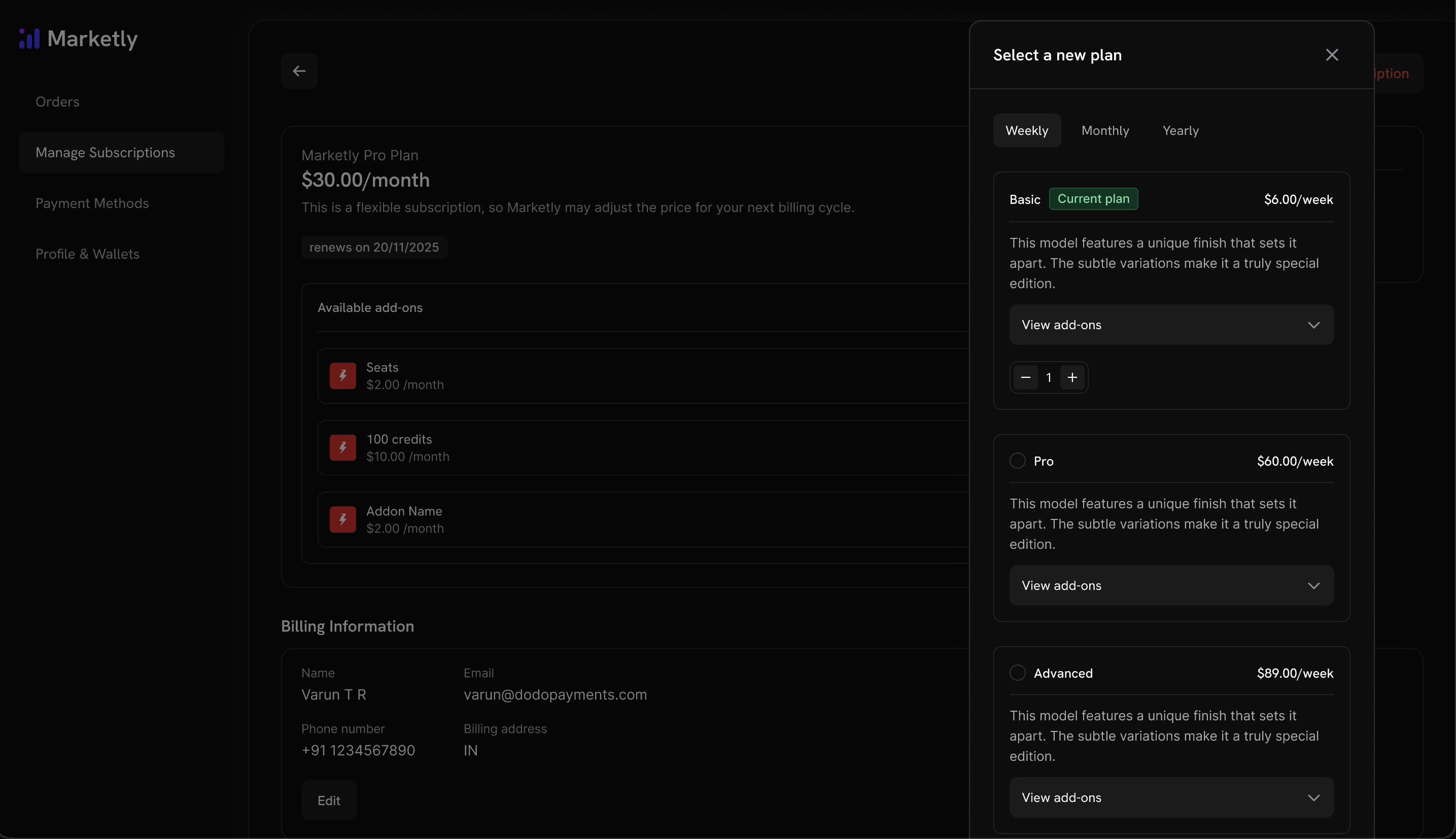 Screenshot of the Product Collection customer portal plan change interface showing the plan management actions